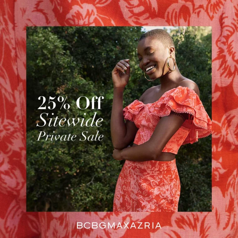 Person in a red floral outfit smiling with hand on chin outdoors. Text overlay says "25% Off Sitewide Private Sale BCBGMAXAZRIA.