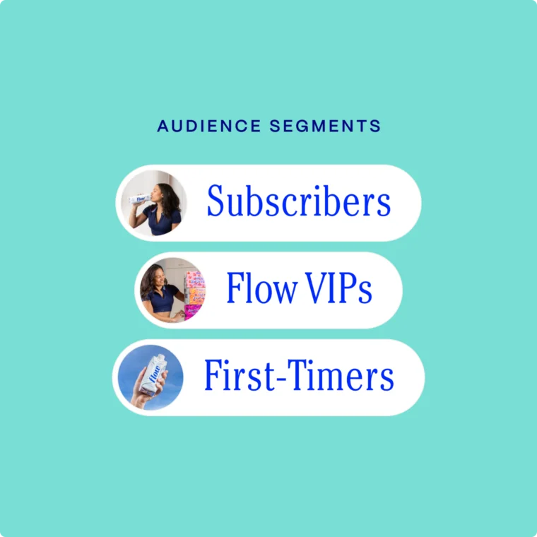 Flowchart titled "Audience Segments" with sections: Subscribers, Flow VIPs, and First-Timers, each with an image depicting individuals drinking from cartons.