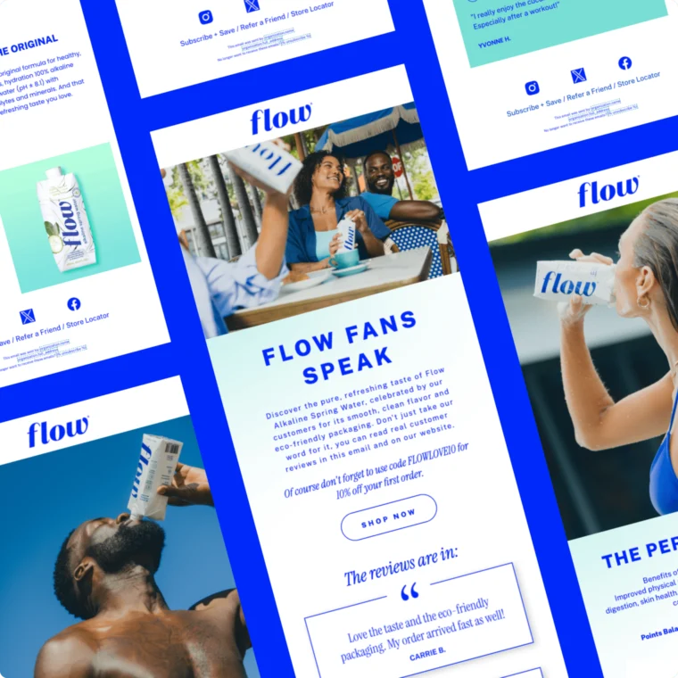 Collage of promotional images and text for Flow water, featuring people drinking the product, a water bottle image, and various testimonials on a blue background.