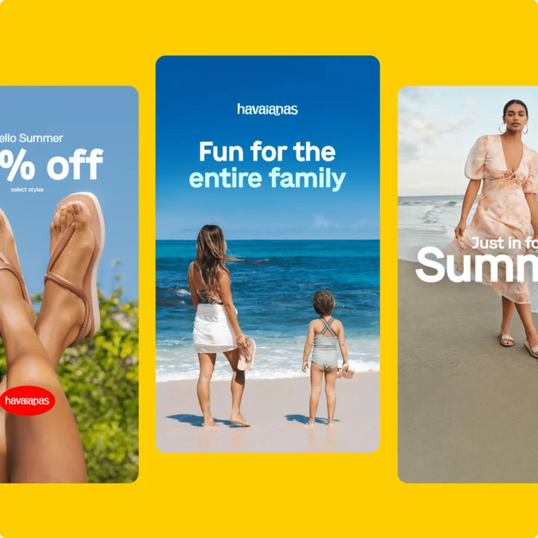Three Havaianas promotional images: first showing legs with sandals, second showing a woman and child at a beach, third showing a woman in a dress. Texts highlight summer and family themes.