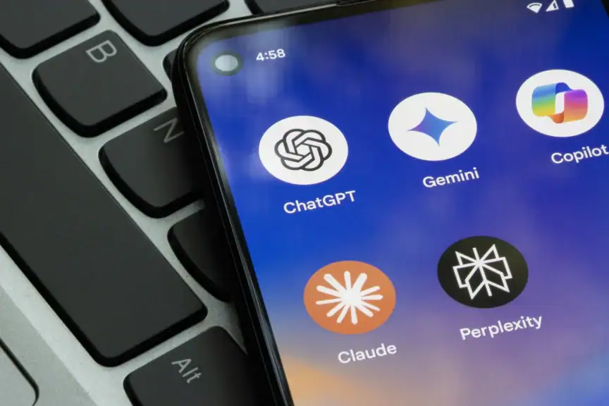 A smartphone screen showing AI apps including ChatGPT, Gemini, Copilot, Claude, and Perplexity.
