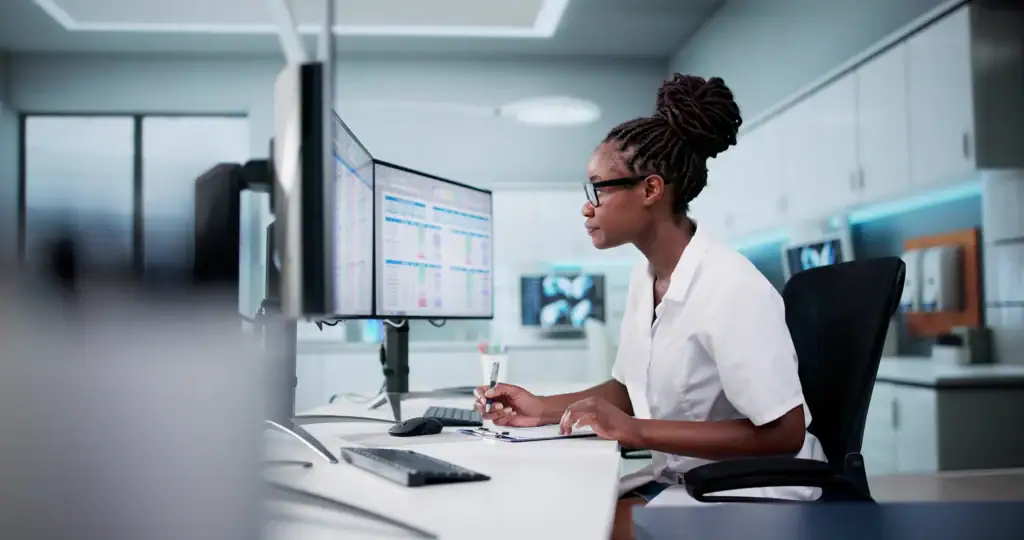 A woman working in an office.