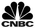 Black and white CNBC logo featuring a stylized peacock with six feathers above bold letters spelling "CNBC.